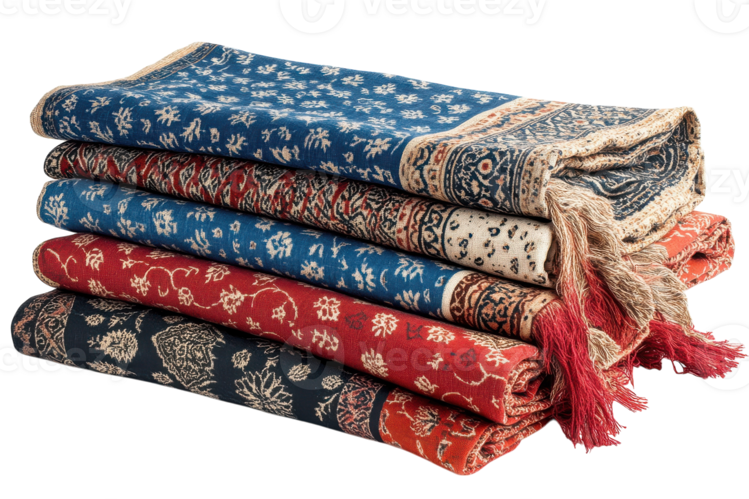 Colorful woven textiles stacked neatly for display in a craft shop in a market setting png