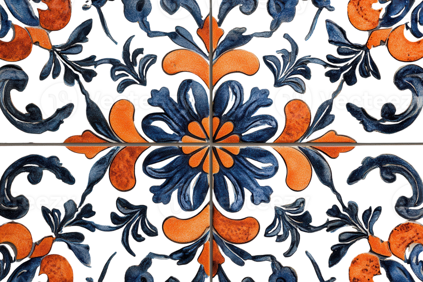 Decorative floral tile design featuring vibrant blue and orange colors with intricate detailing in a symmetrical pattern png