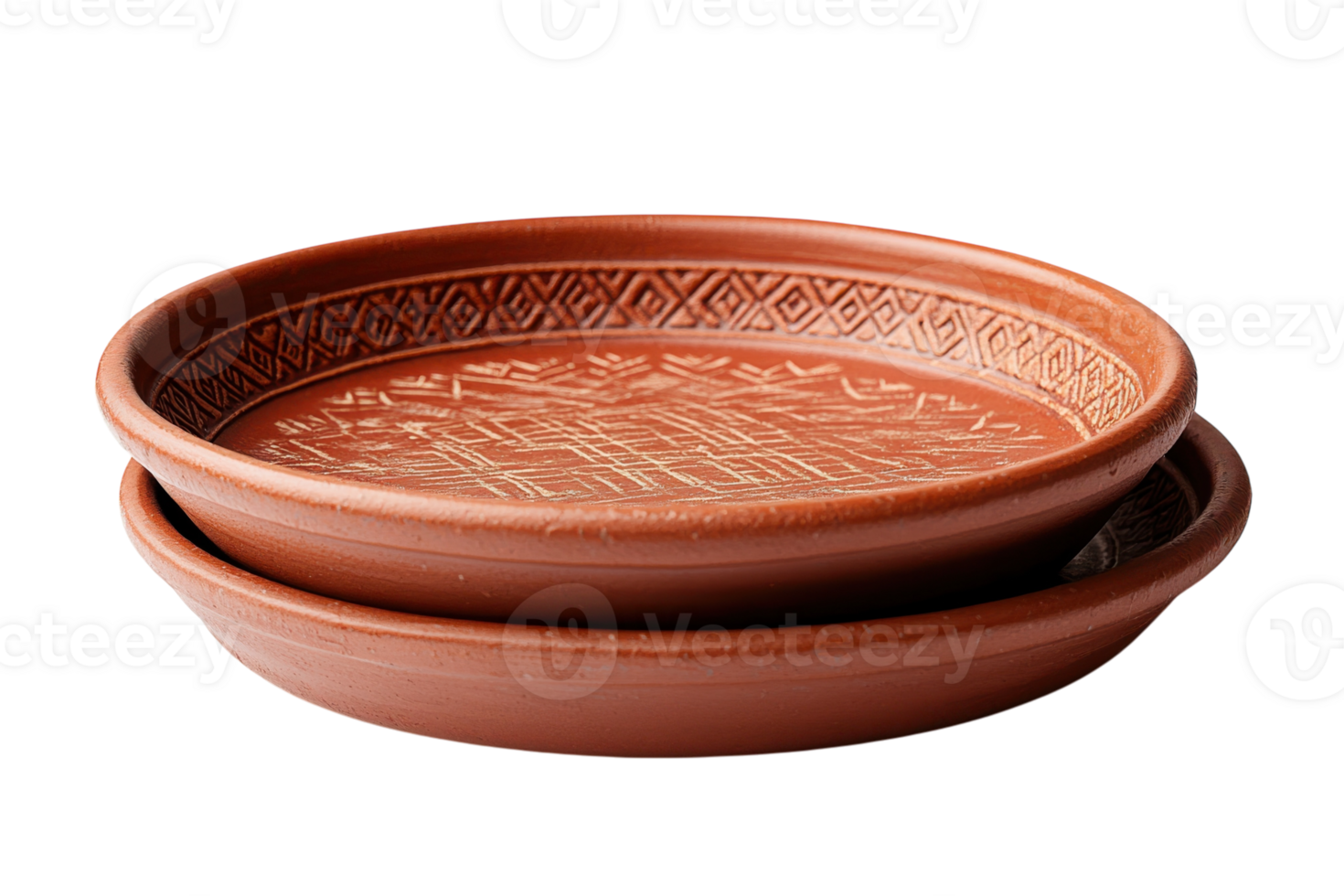 Decorative clay plates stacked together showcasing intricate patterns in an artisan workshop setting png