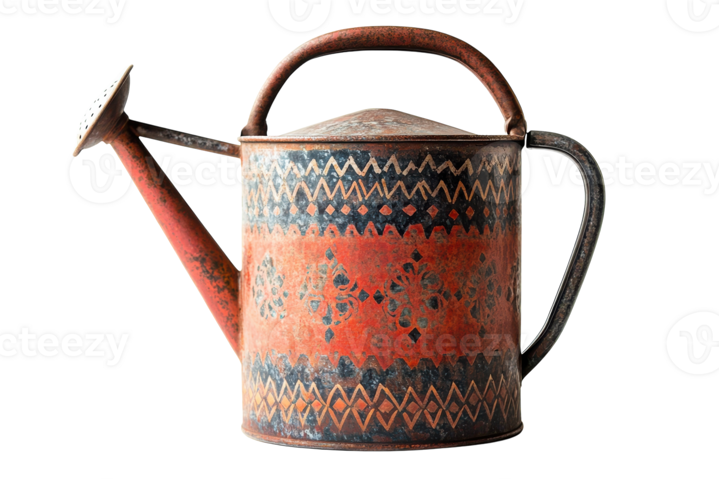 Rustic watering can with vibrant patterns displayed against a plain background png