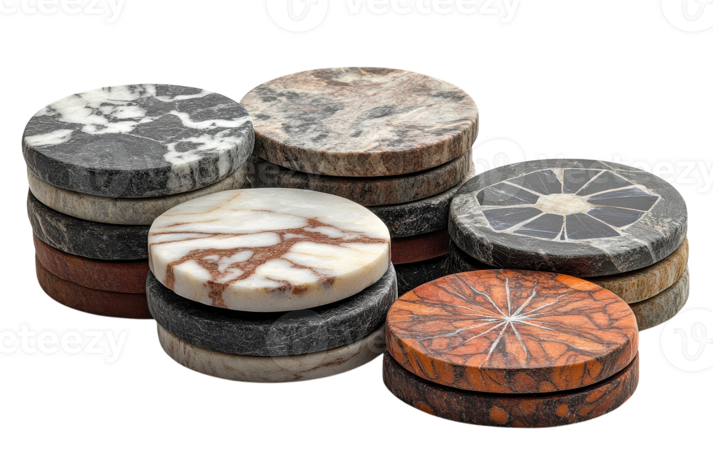 Collection of stylish stone coasters in various patterns and colors displayed on a white surface png