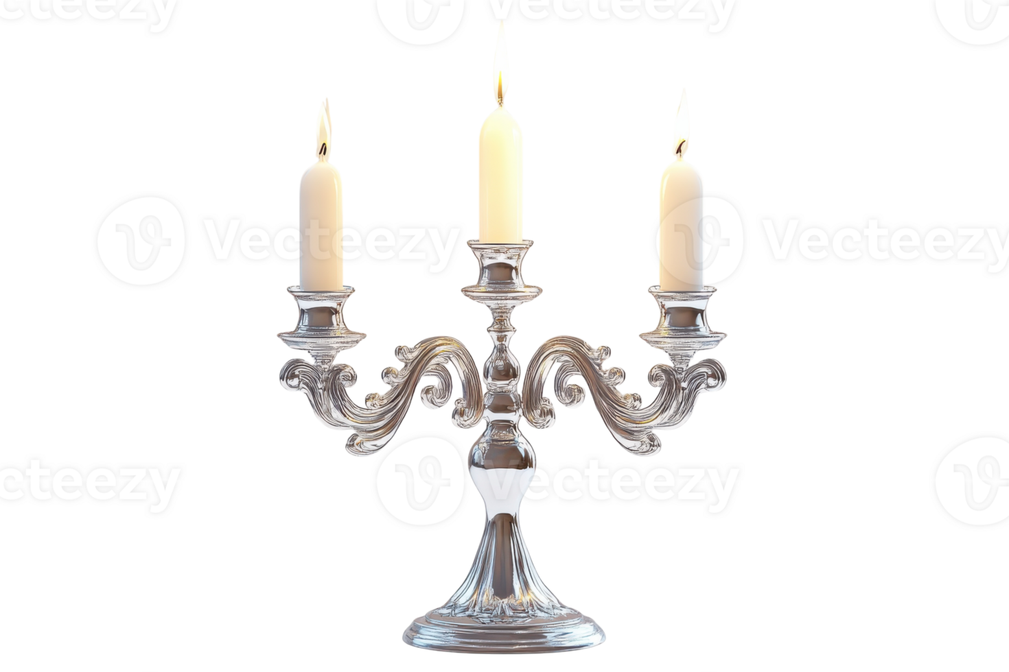 Elegant silver candelabra with three lit candles set against a bright background png
