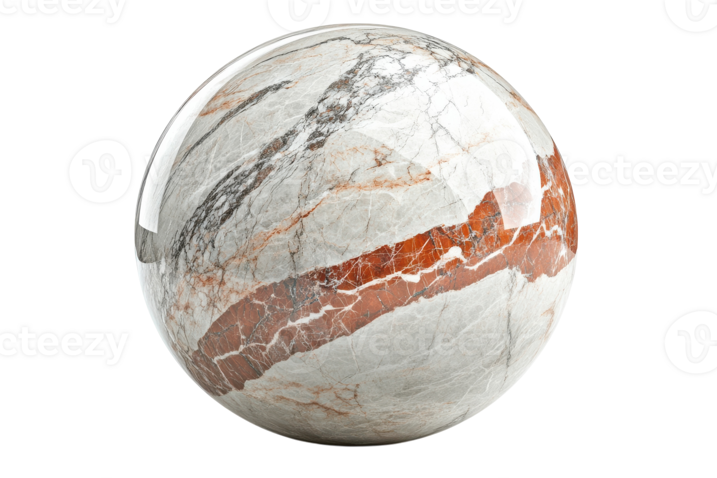 Marble sphere featuring intricate patterns in shades of gray and red placed on a white background png