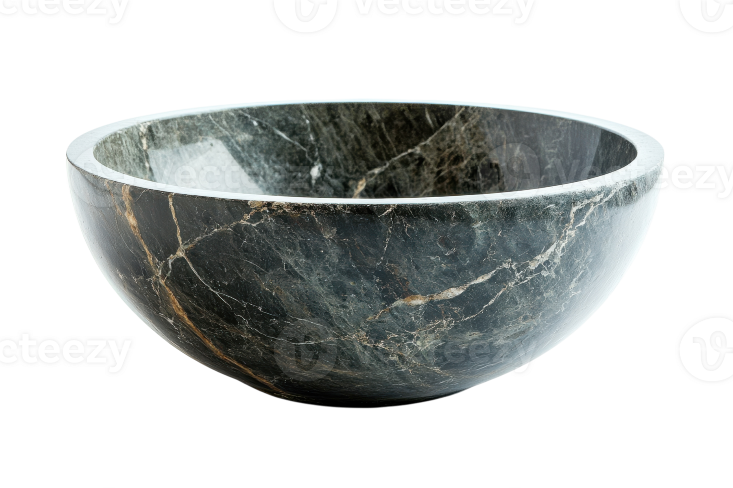 Round black marble bowl showcasing intricate patterns, perfect for decor or functional use png