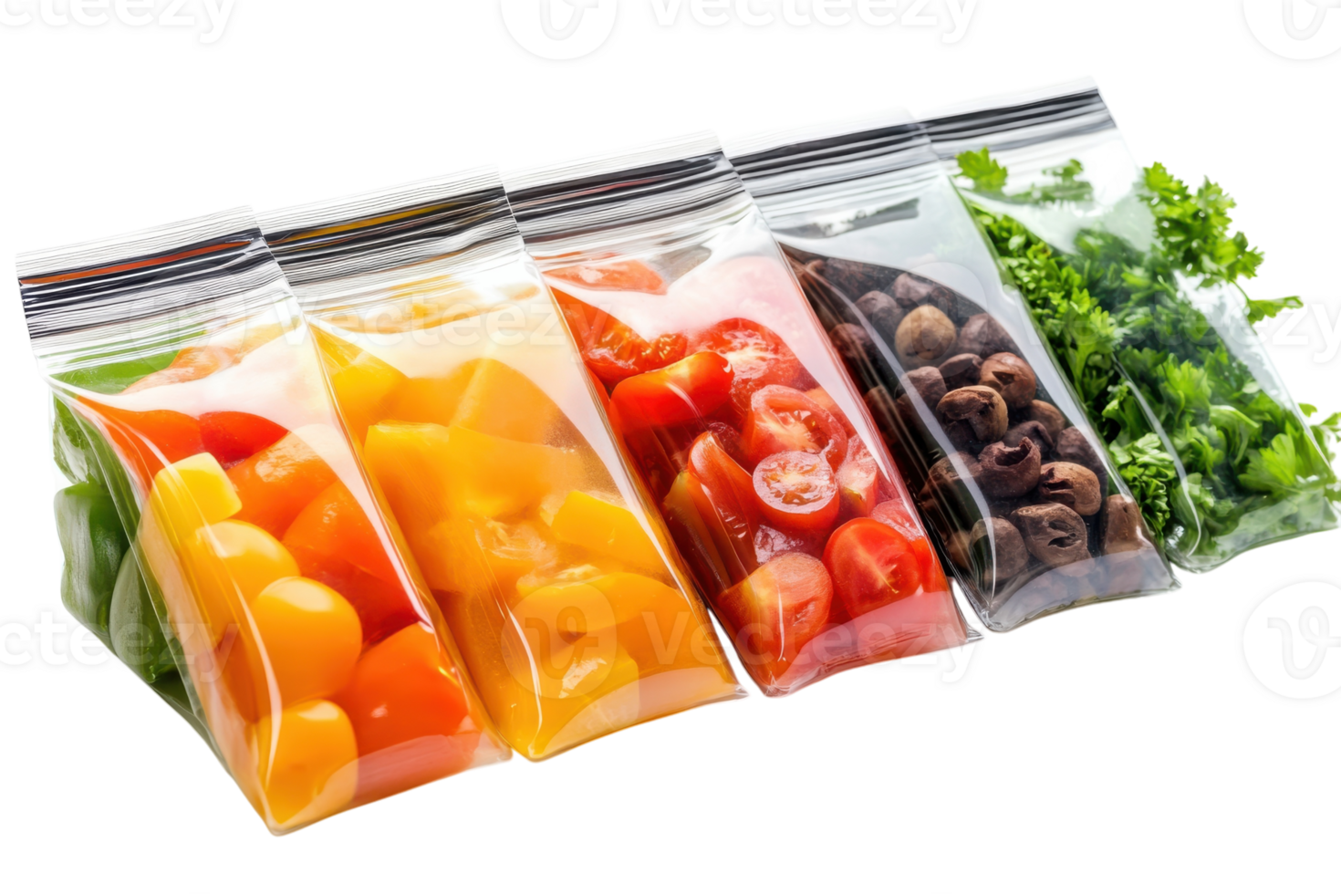 Colorful assortment of fresh chopped vegetables and herbs in ziplock bags ready for meal preparation in a kitchen png