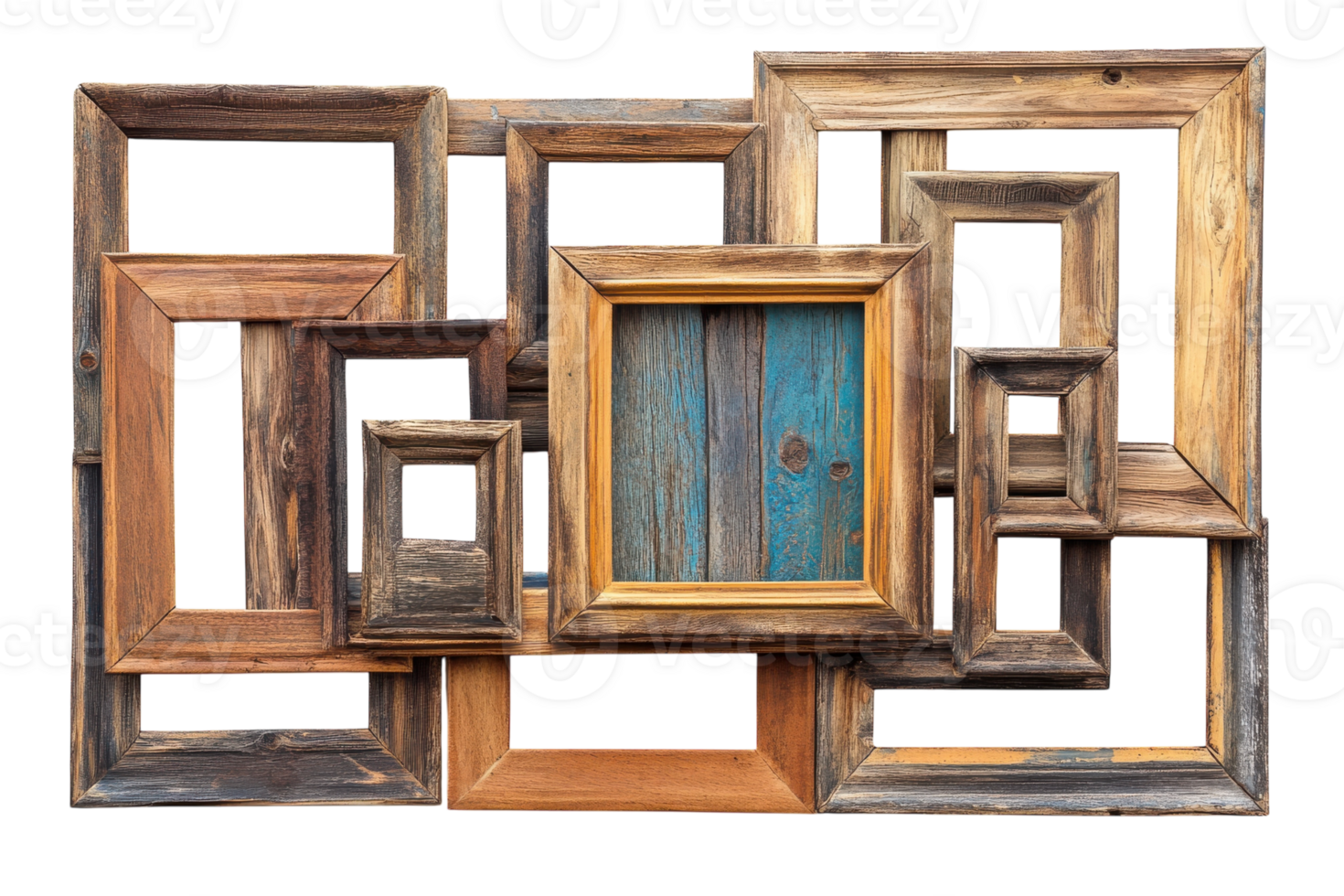Collection of rustic wooden frames arranged creatively in various sizes for artistic display png
