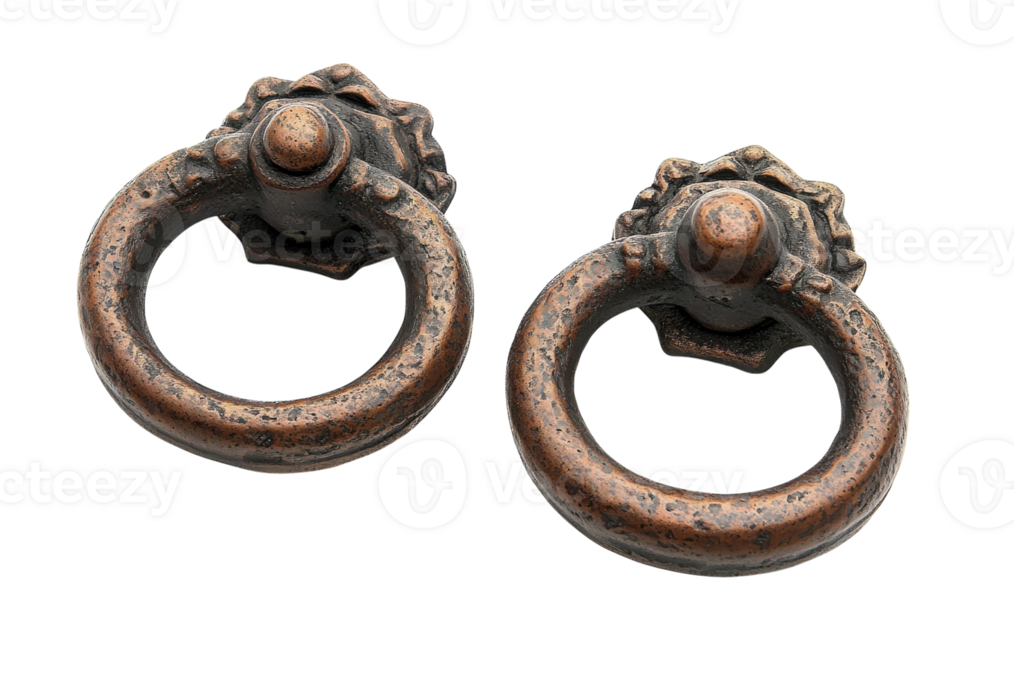 Unique decorative door knockers with an antique finish showcasing intricate detailing and craftsmanship png