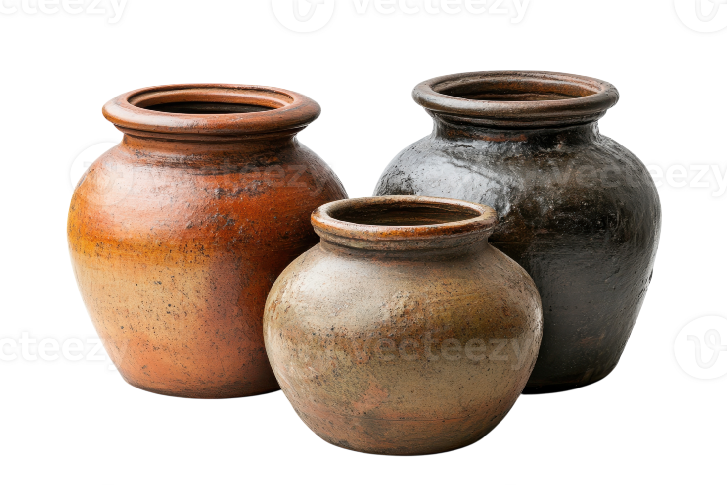 Traditional clay pottery displayed in a rustic setting showcasing craftsmanship and artistic design png
