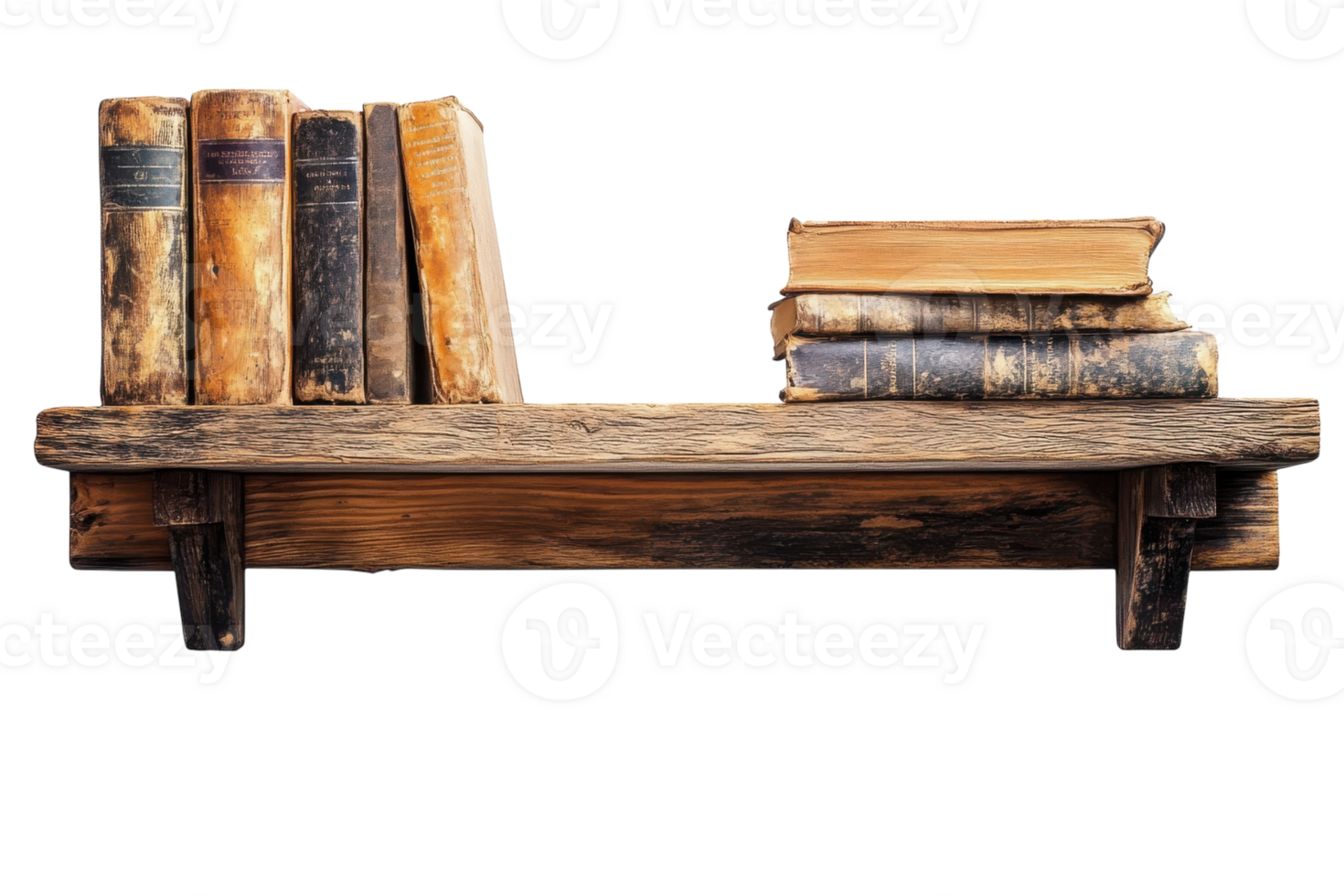 Collection of vintage books displayed on a rustic wooden shelf in a cozy room setting png