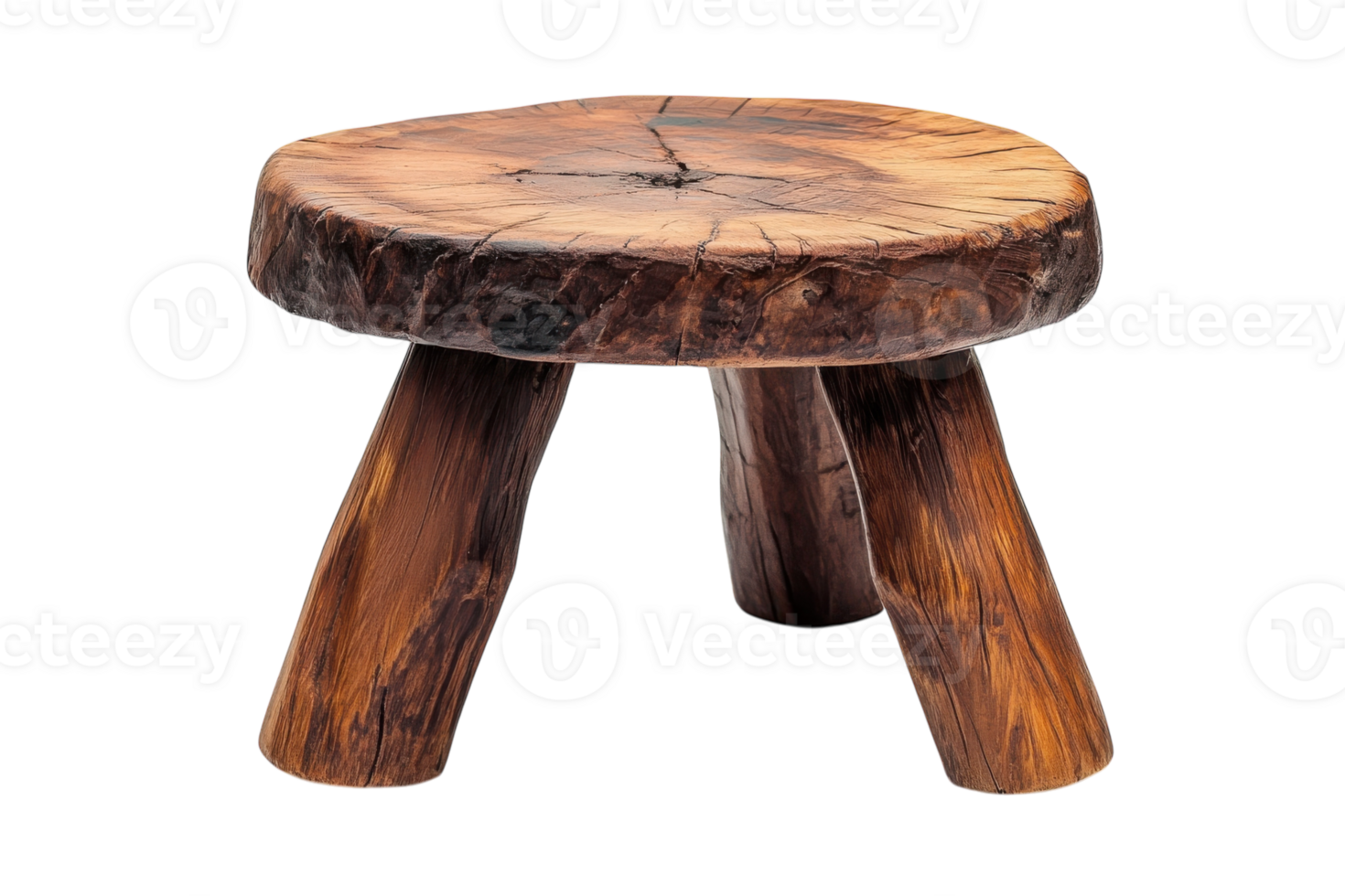 Rustic wooden stool with a round top and thick legs for natural decor in home or garden settings png