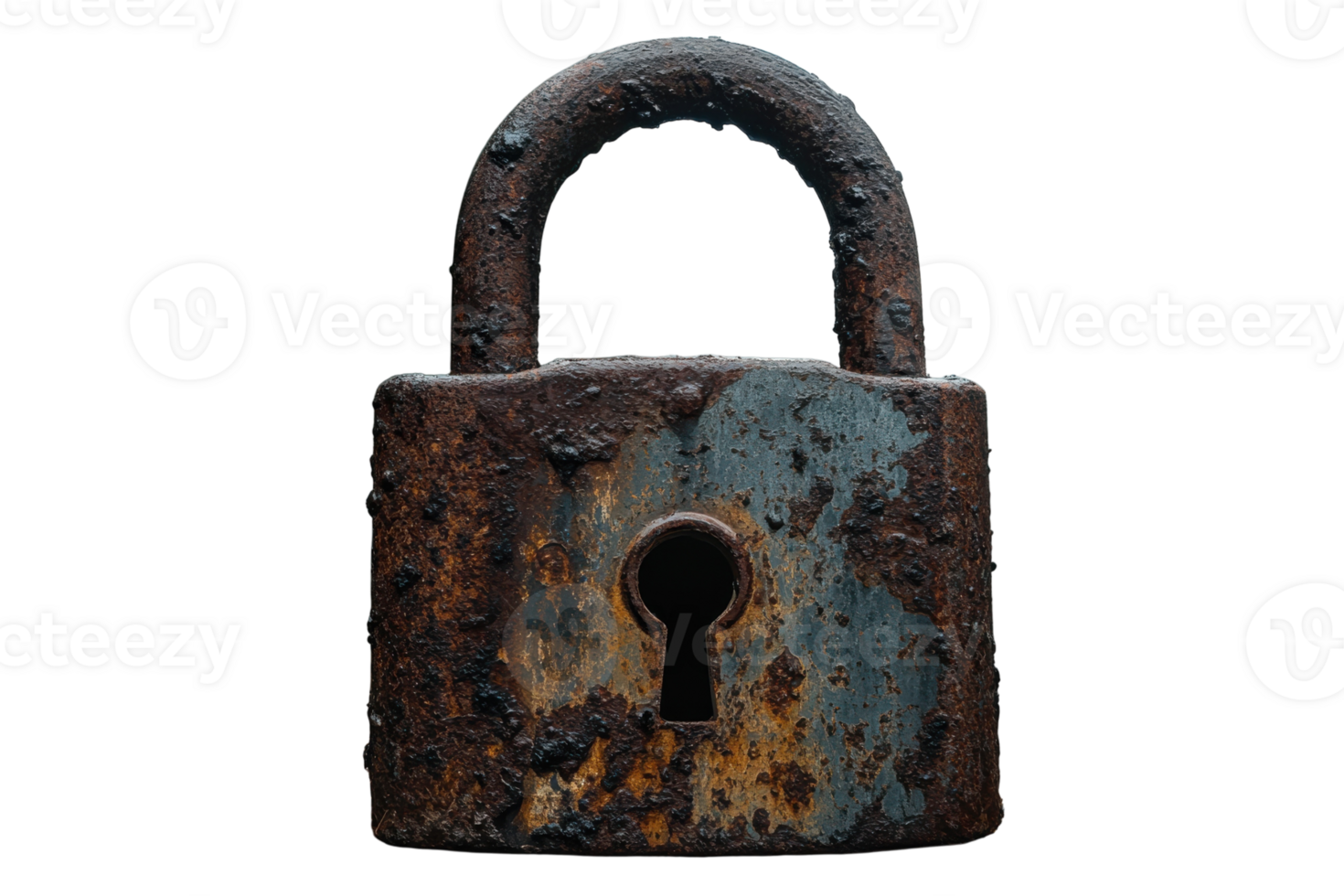 Old rusty padlock with chipped paint and weathered texture seen against a plain background png