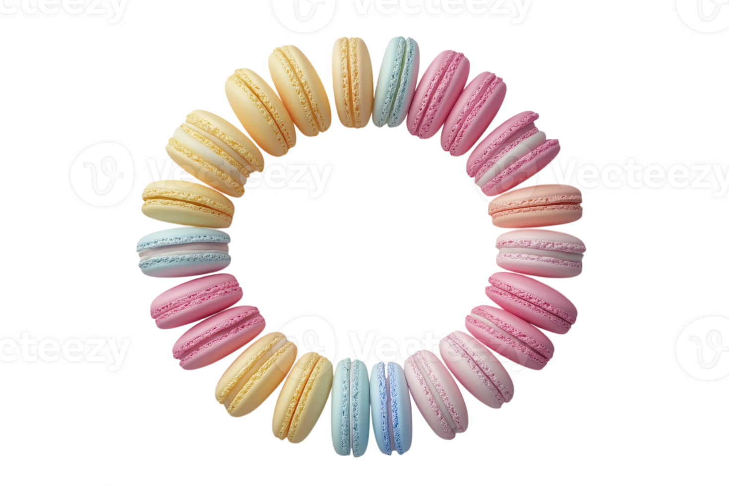 Colorful assortment of macarons arranged in a circular pattern for dessert presentation png