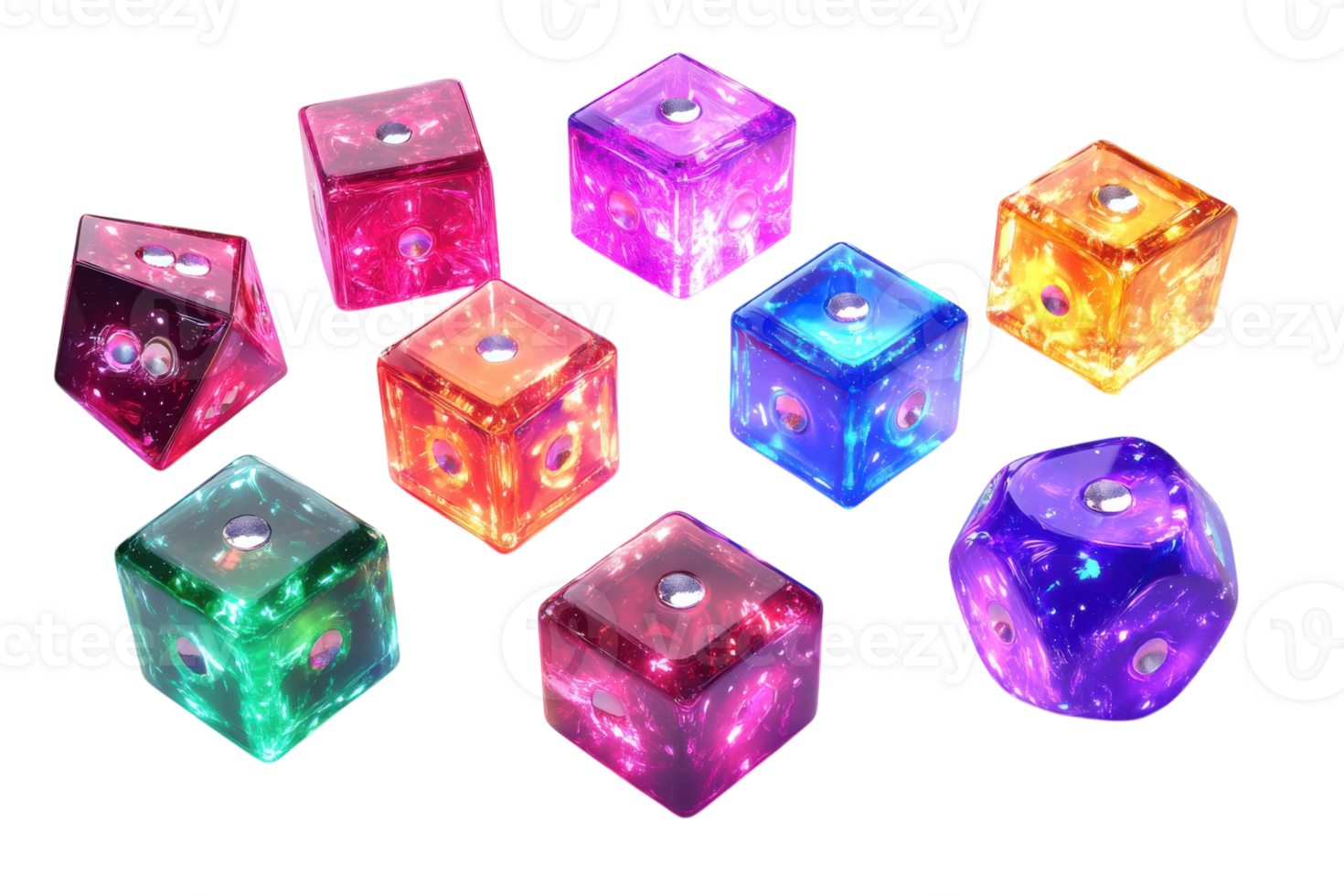 Colorful translucent dice positioned in an artistic arrangement on a light background png