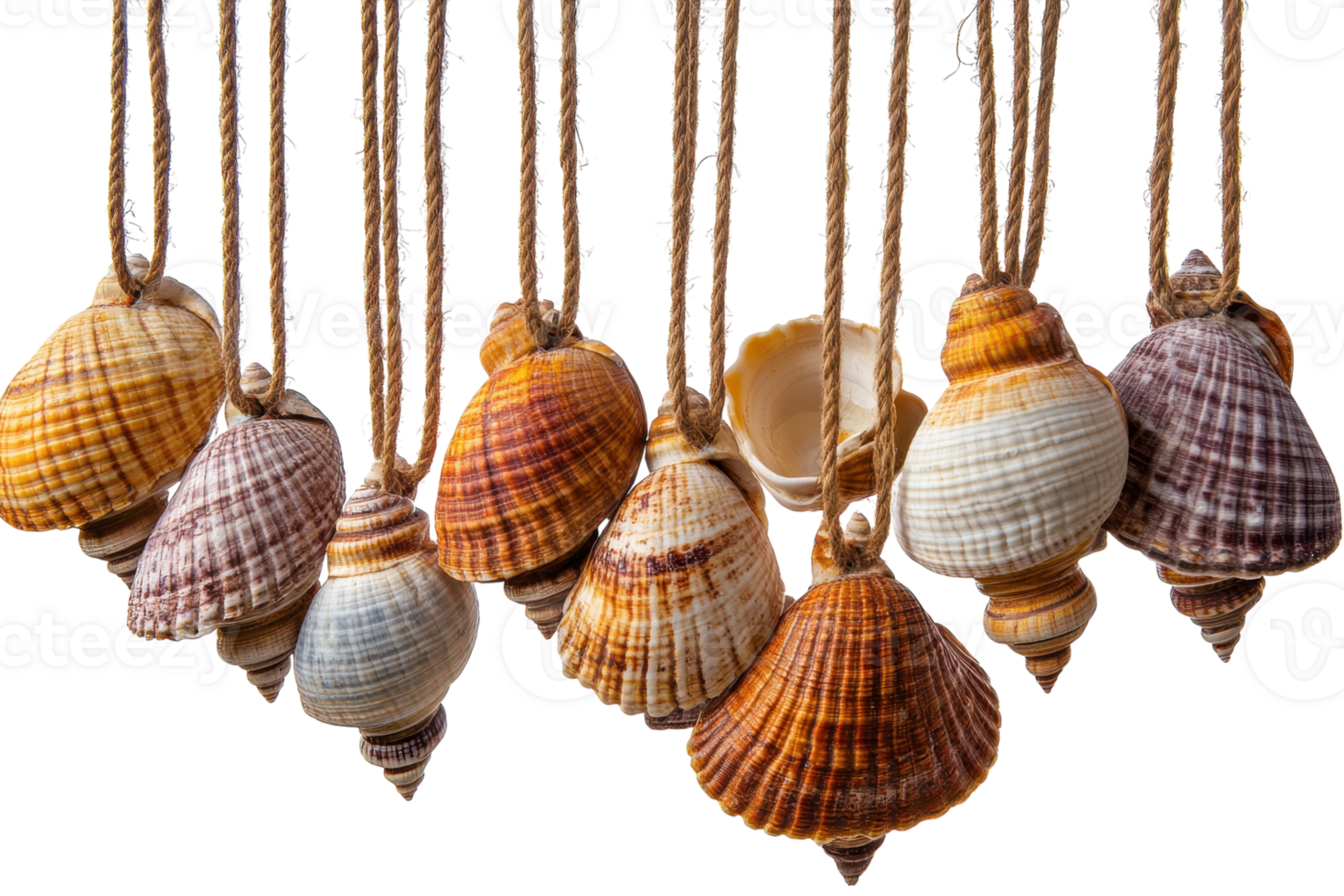Decorative sea shells hanging on twine for a coastal-themed display in a bright setting png