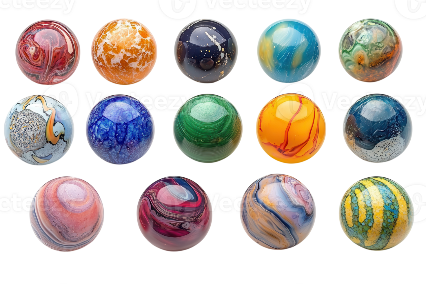 Collection of colorful marbles displayed in various patterns and designs on a white background png