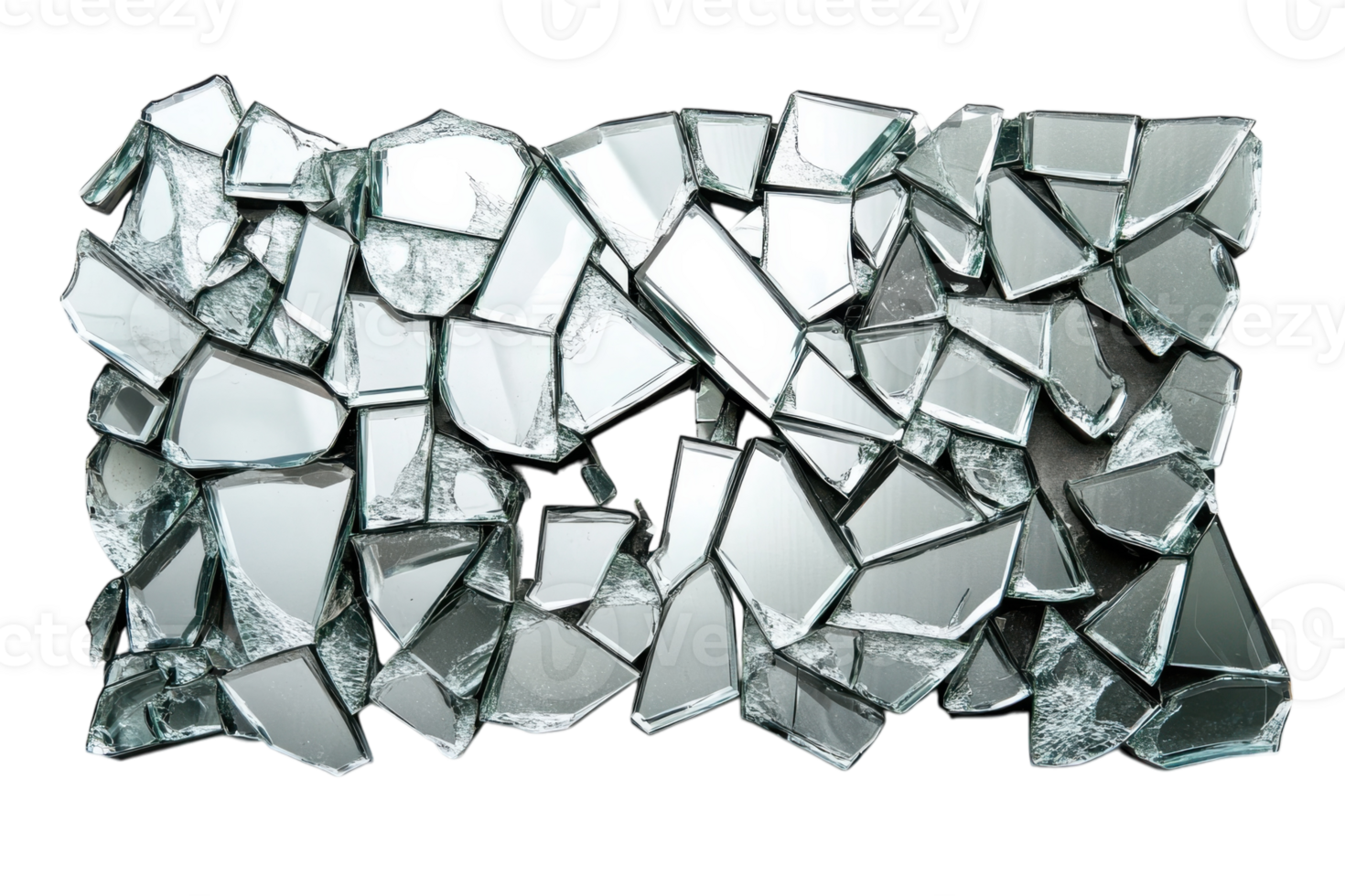 Broken mirror pieces scattered on a flat surface create an abstract reflective pattern in a bright setting png