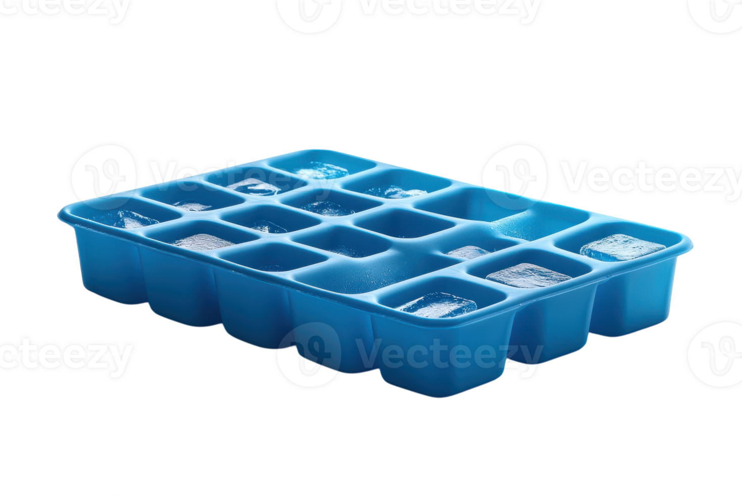 Silicone ice cube tray filled with water resting on a countertop in a kitchen setting png