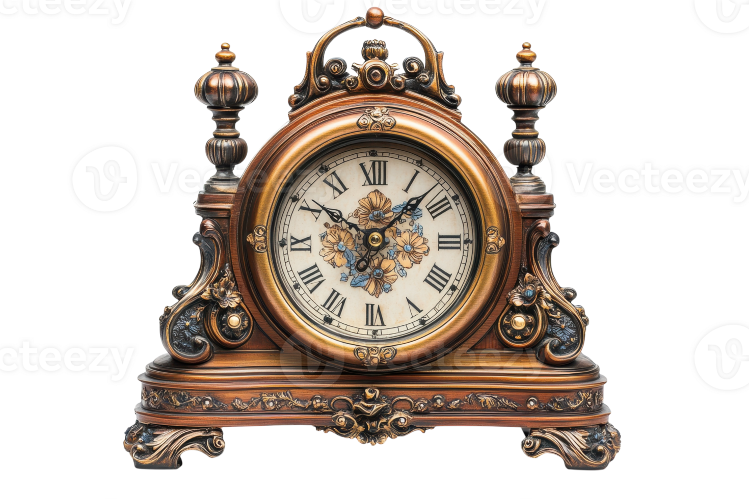 Antique clock with ornate design and floral details displayed on a wooden table indoors in soft lighting png