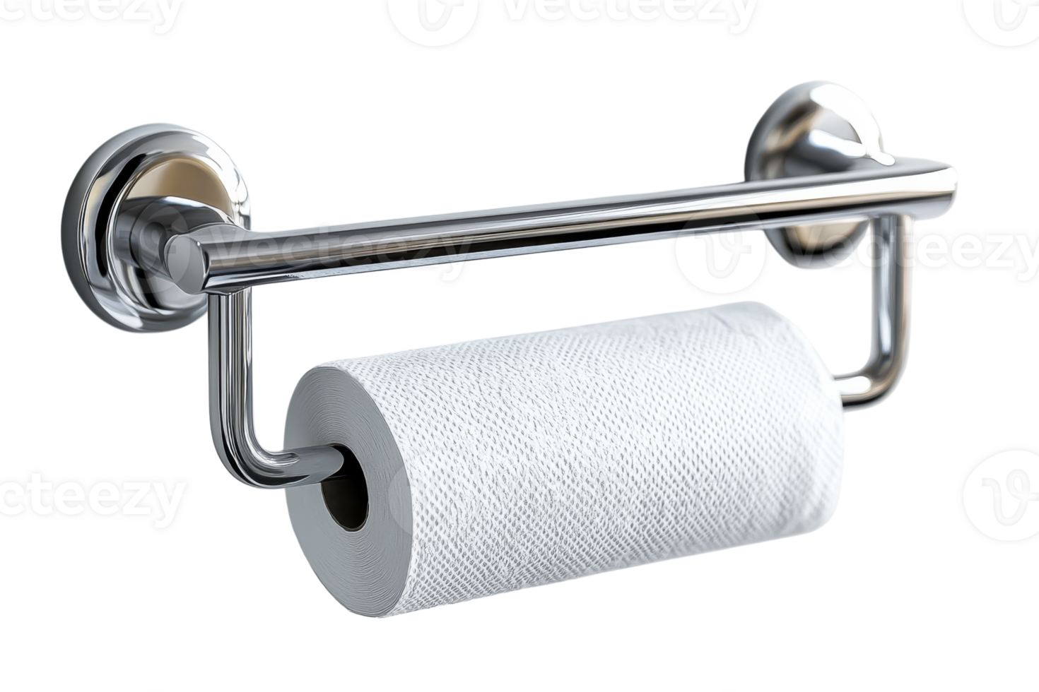 Simple bathroom setup featuring a roll of paper towel neatly positioned on a modern stainless steel holder png
