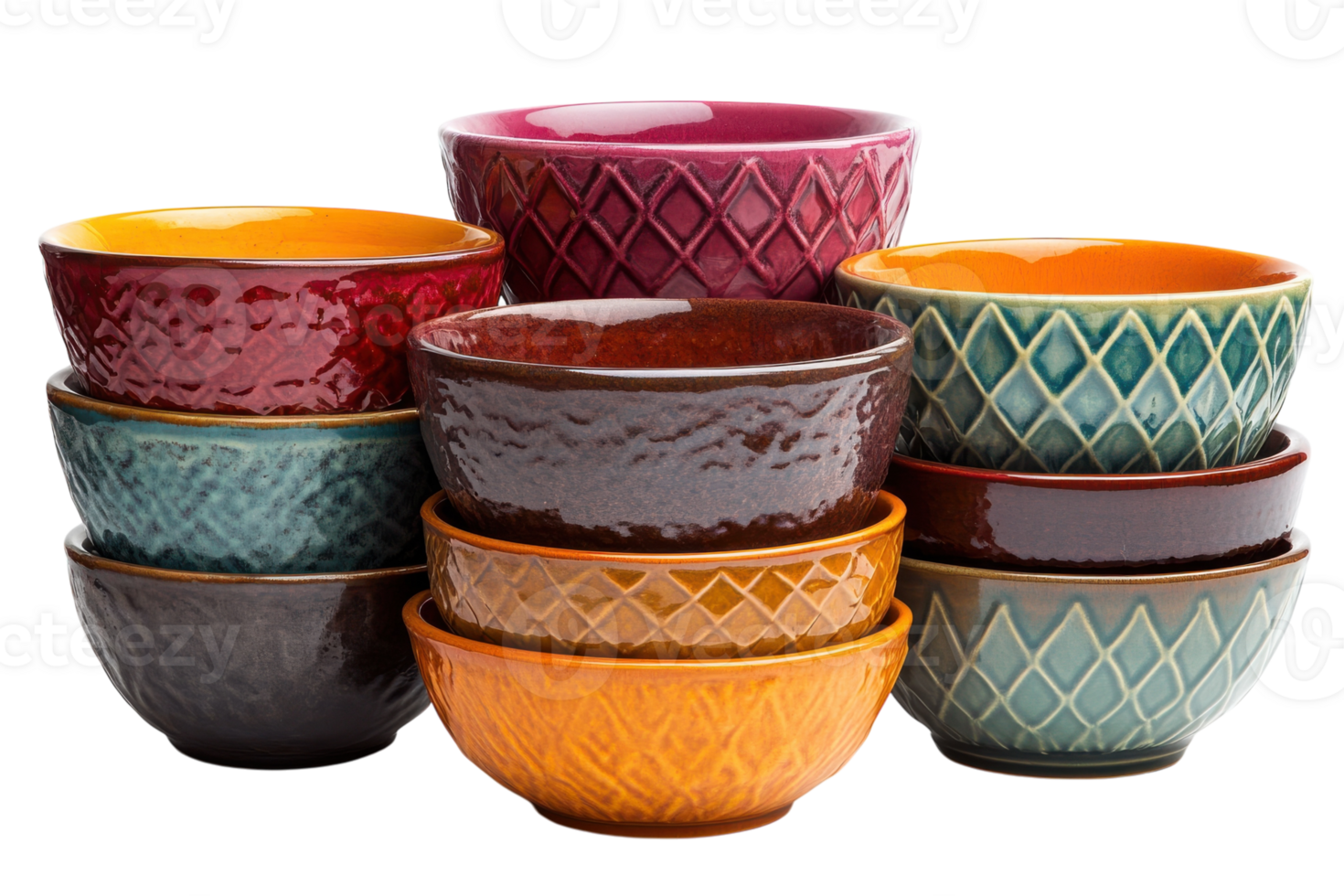 Stacked colorful ceramic bowls in various sizes and patterns arranged neatly in a playful display png