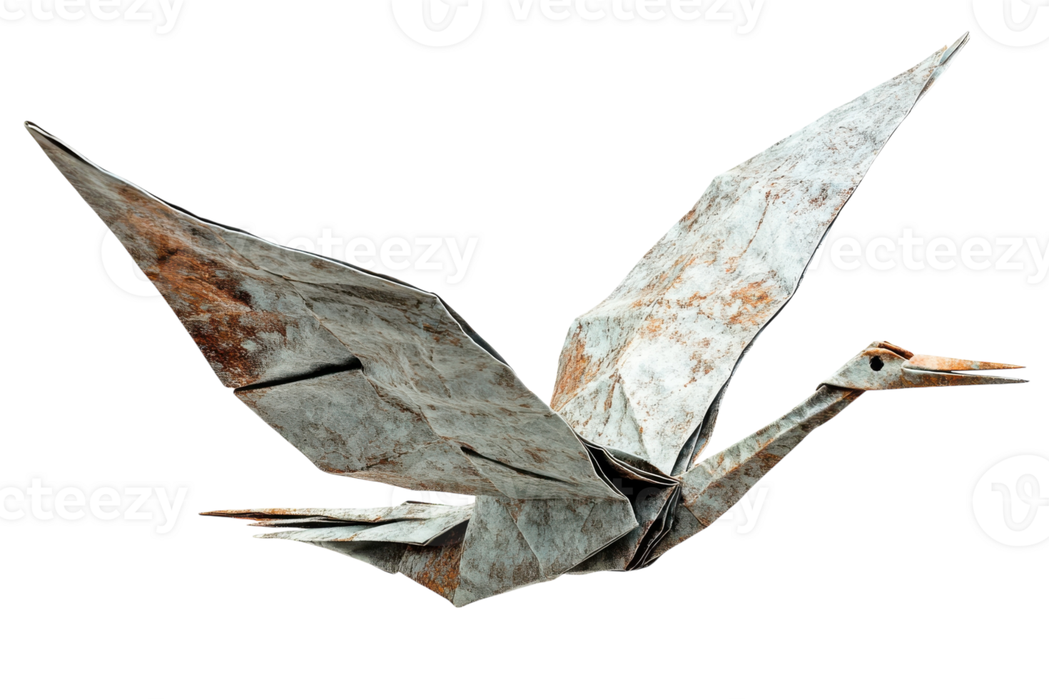Elegant origami crane gracefully soaring with intricate folds and textures displayed against a white background png