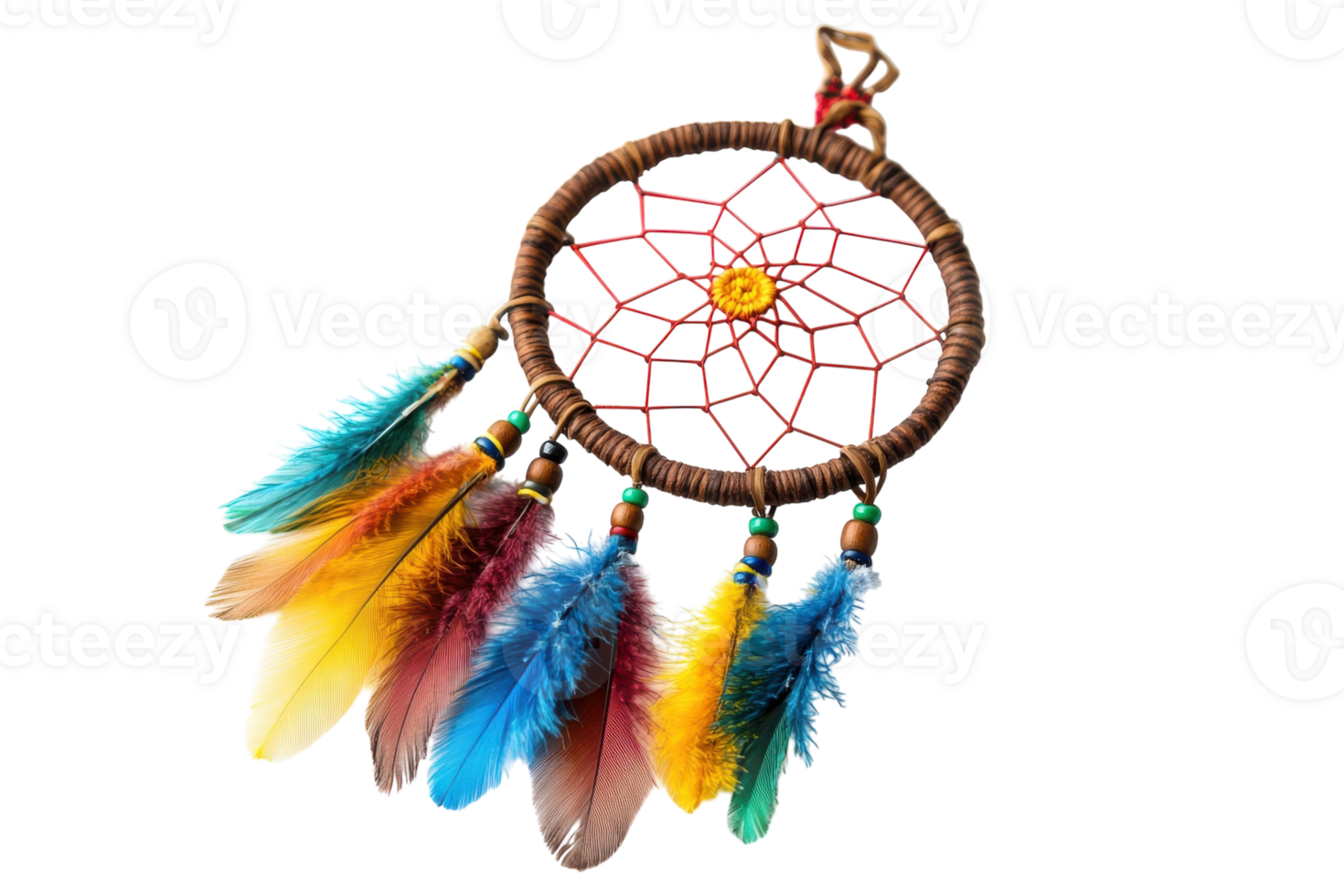 Unique dreamcatcher with colorful feathers and intricate web design hanging against a bright backdrop png
