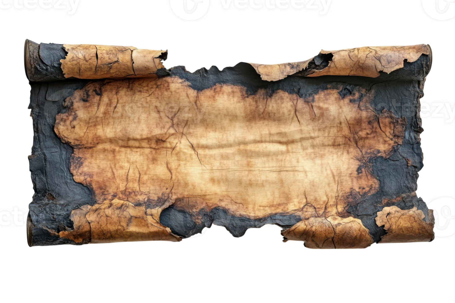 Ancient scroll with burned edges revealing faded text and aged texture displayed on a neutral background png