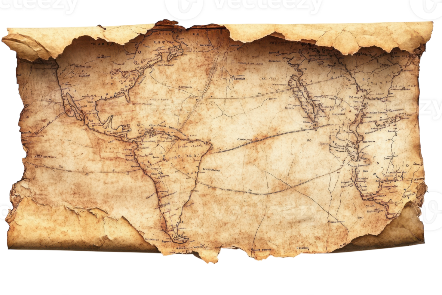Antique world map with intricate details of continents and countries on a weathered background png