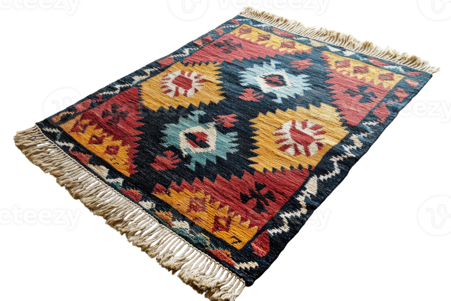Vibrant handcrafted rug with geometric patterns and fringe in warm colors displayed on a neutral floor png