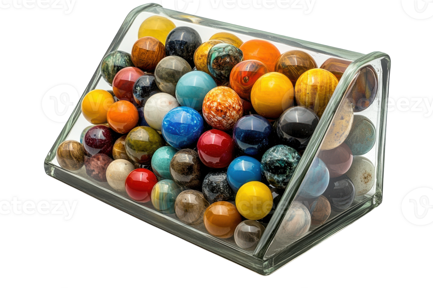 Collection of colorful decorative marbles displayed in a clear glass container with unique designs and patterns png