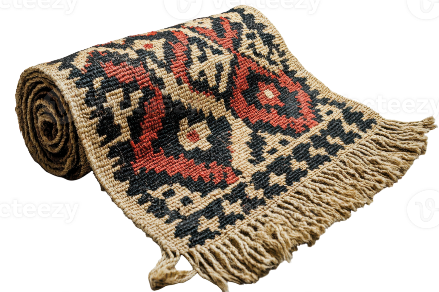 Handmade traditional textile featuring intricate geometric patterns displayed on a rolled carpet png