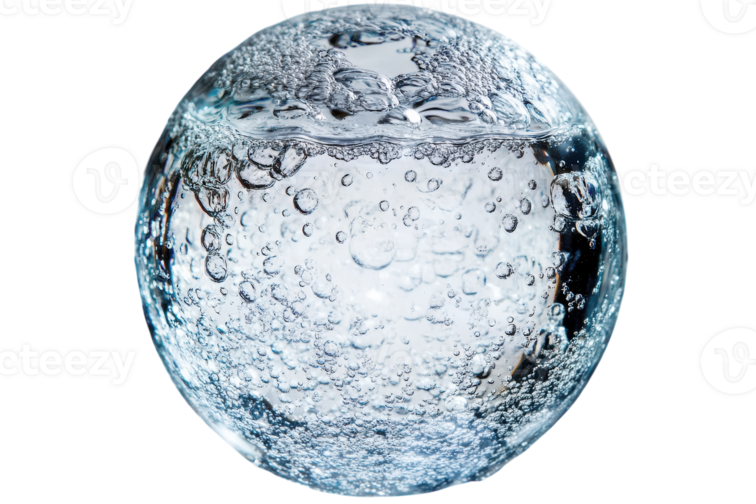 Clear spherical object filled with bubbles floating in water illuminated by soft light png