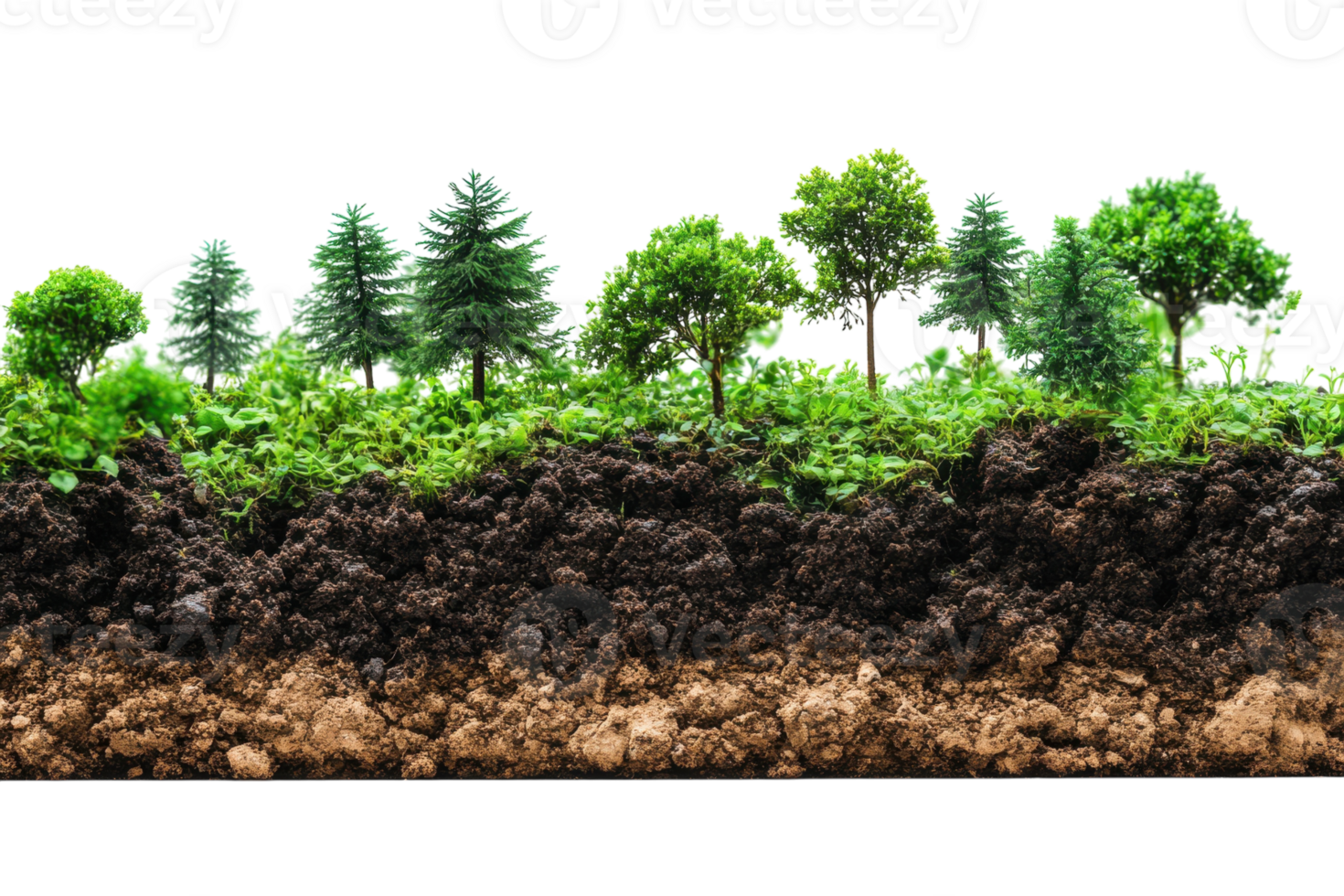 Healthy soil supports vibrant plant life and diverse trees in a lush green environment promoting ecological balance and growth png