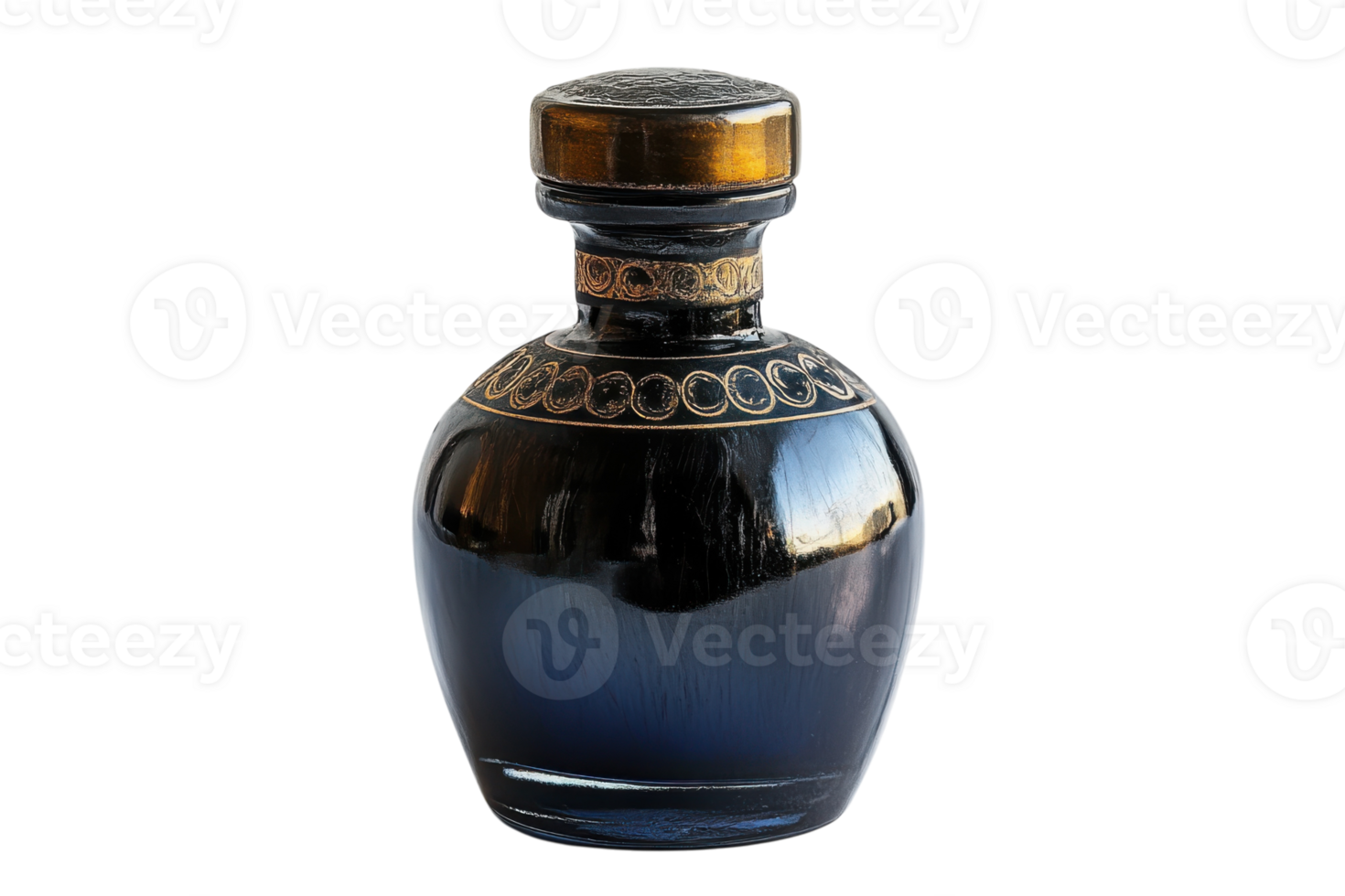 Elegant dark blue glass bottle with ornate patterns and a decorative lid displayed on a simple background png