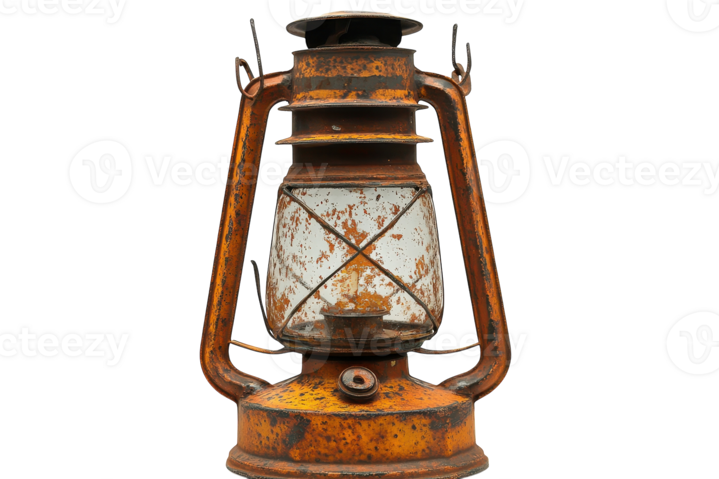 Vintage oil lantern with rusted finish displayed against a neutral background indoors png