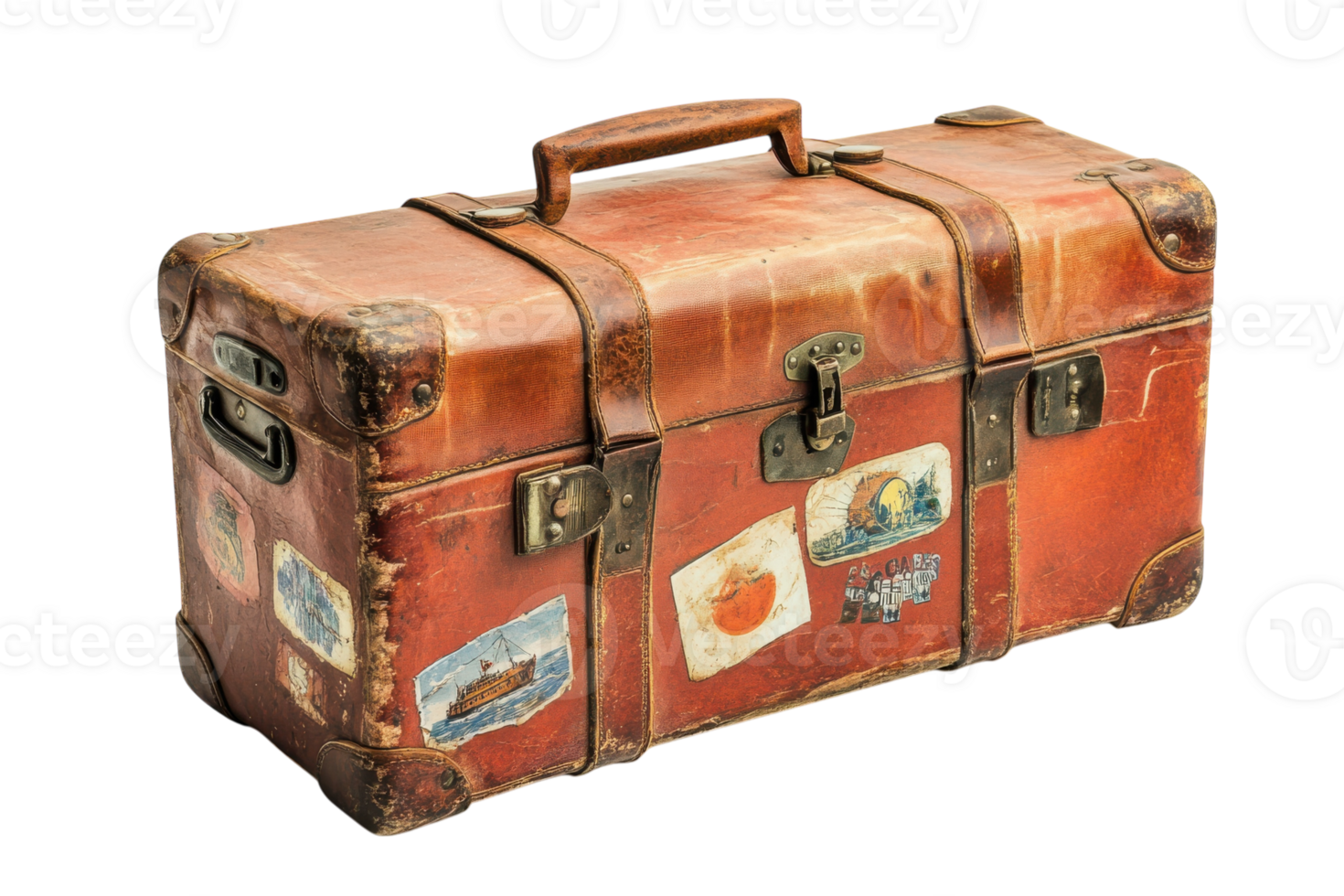 Vintage leather suitcase adorned with travel stickers showcasing journeys and memories from various destinations png