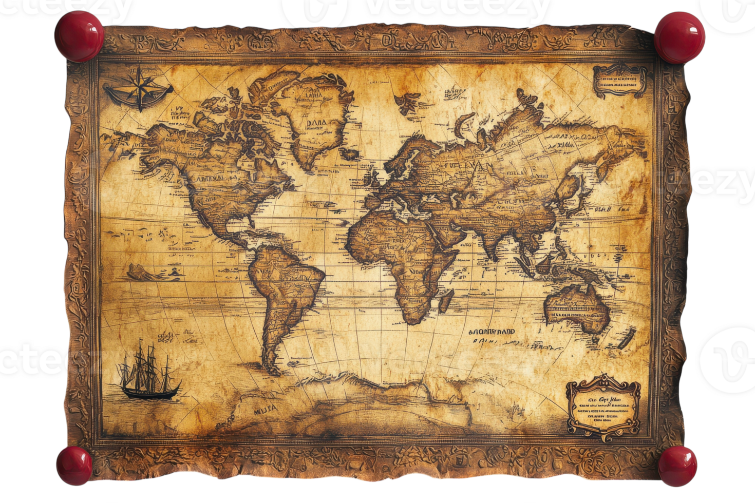 Vintage world map with intricate details showcasing continents and oceans in an antique style design png