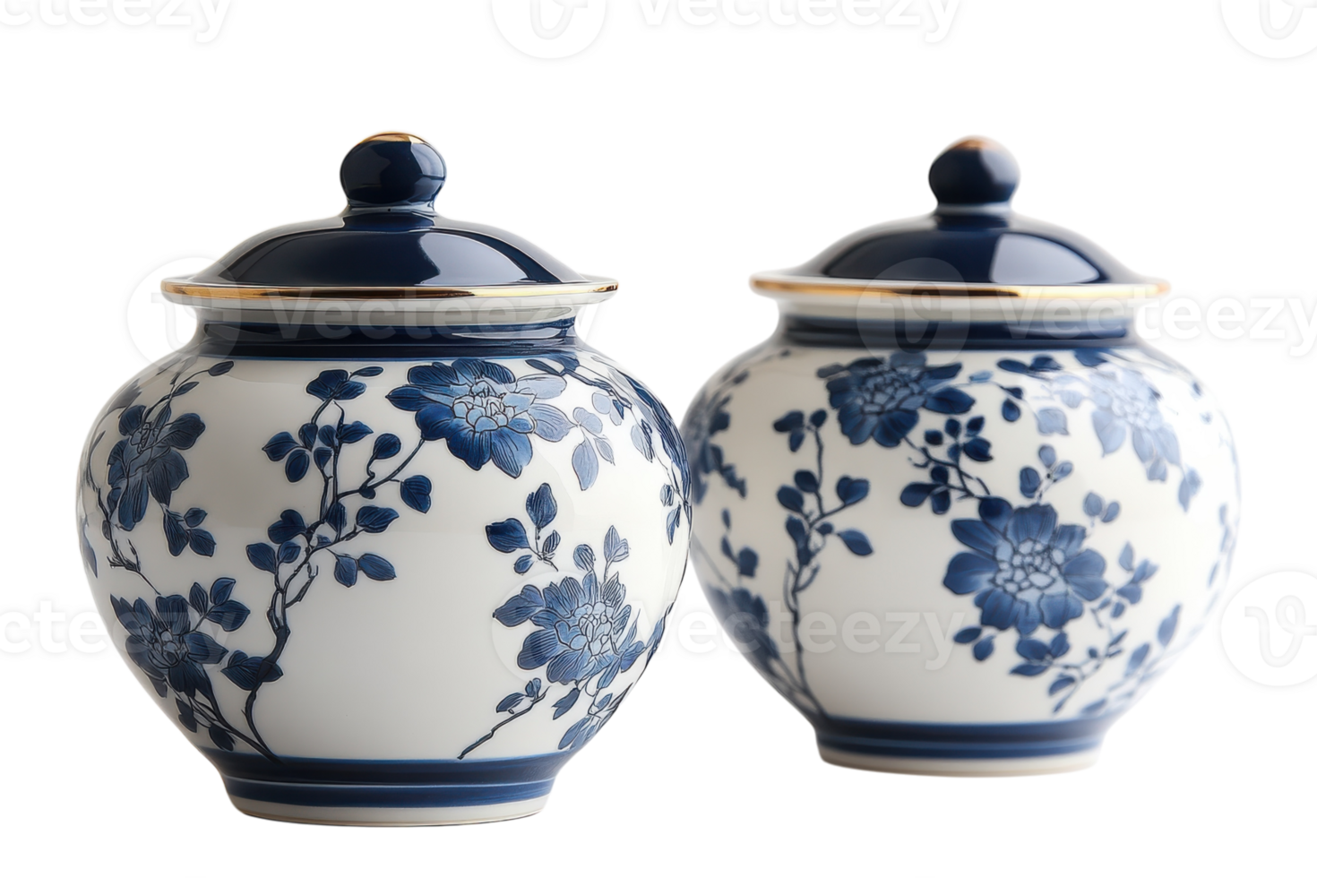 Elegant blue and white porcelain jars with floral design displayed side by side on a clean surface png