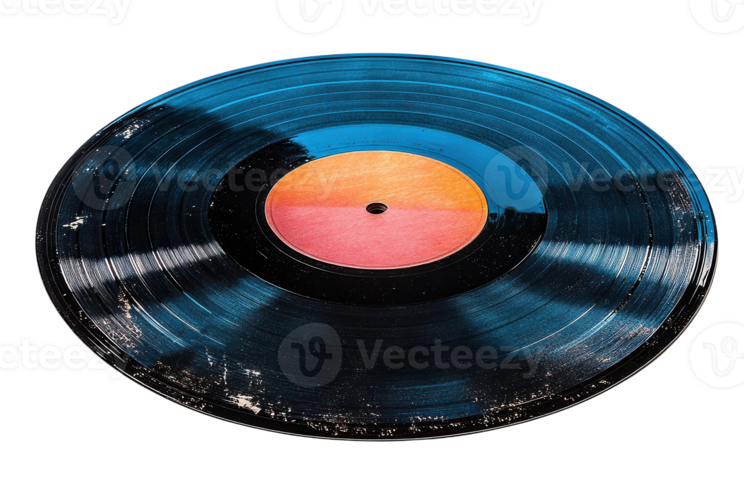 Vinyl record with colorful center design resting at an angle on a white background showcasing its worn texture png