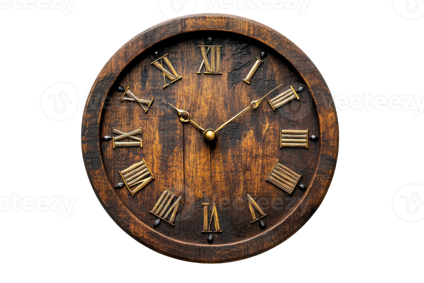 Decorative wooden wall clock with Roman numerals for timeless elegance and rustic charm in home decor png
