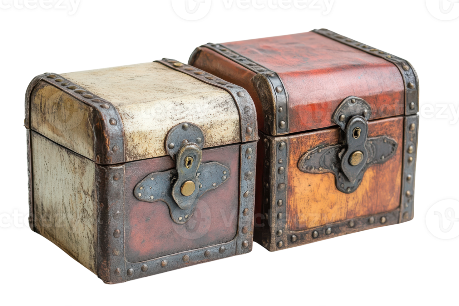 Vintage wooden storage boxes with metal accents and locks displayed on a white background png