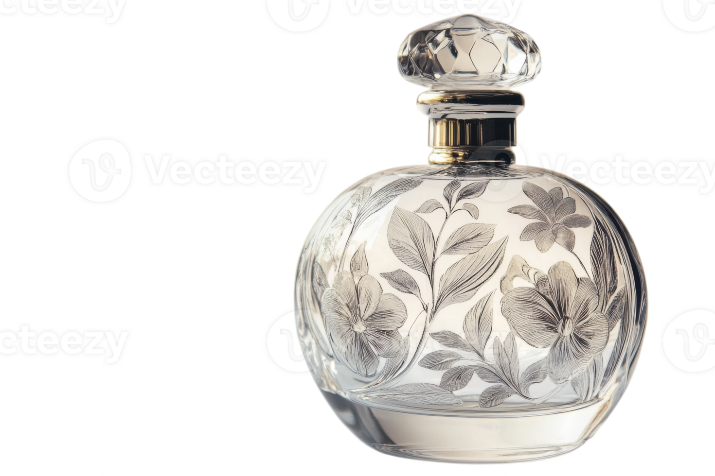 Elegant floral engraved crystal perfume bottle displayed on a clean surface with soft lighting in a serene indoor setting png