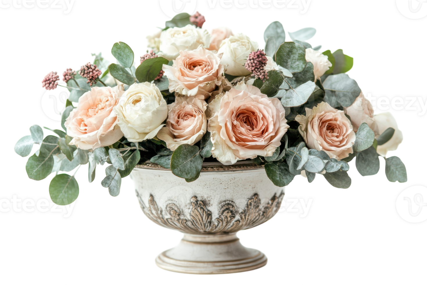 Beautiful floral arrangement featuring roses and eucalyptus in an elegant bowl on a white background png
