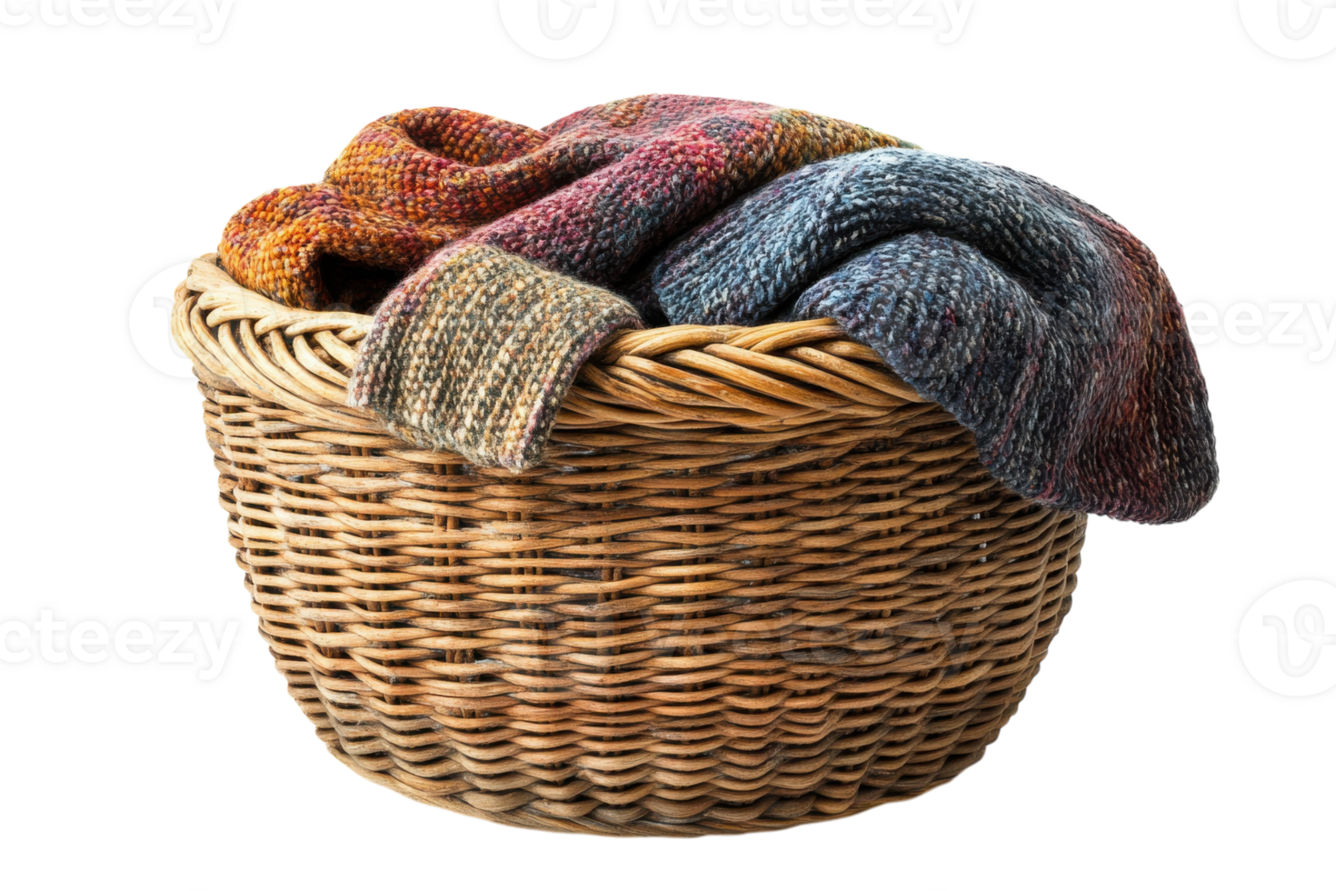 Cozy woven basket filled with colorful knitted blankets and throws in a warm home setting png