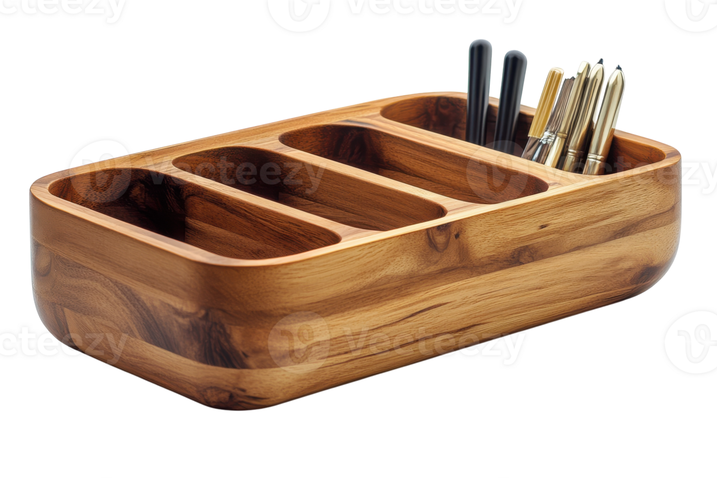 Elegant wooden desk organizer with multiple compartments and pens displayed, ideal for home or office use png