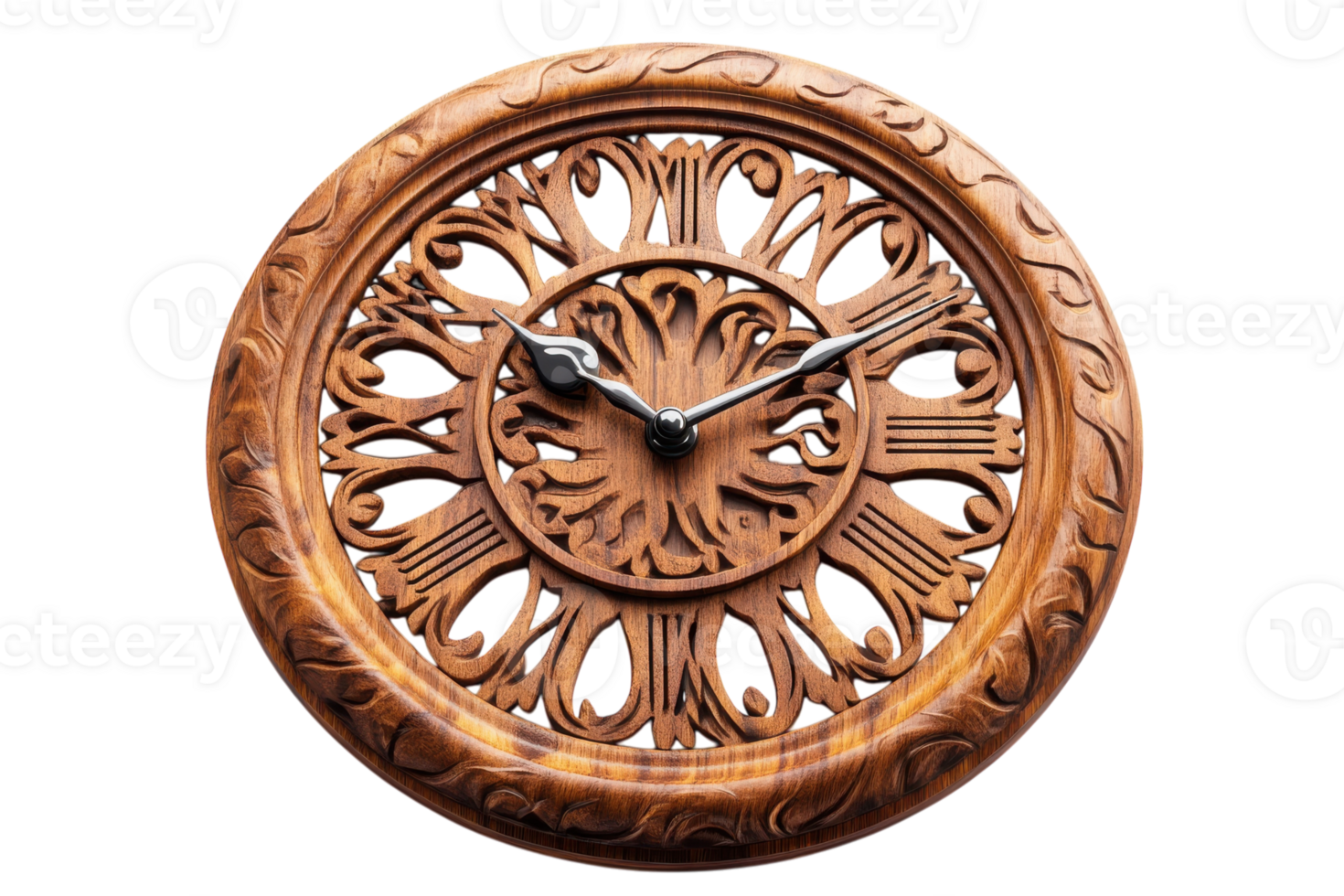 Intricate wooden wall clock design featuring elaborate carvings and classical Roman numerals png