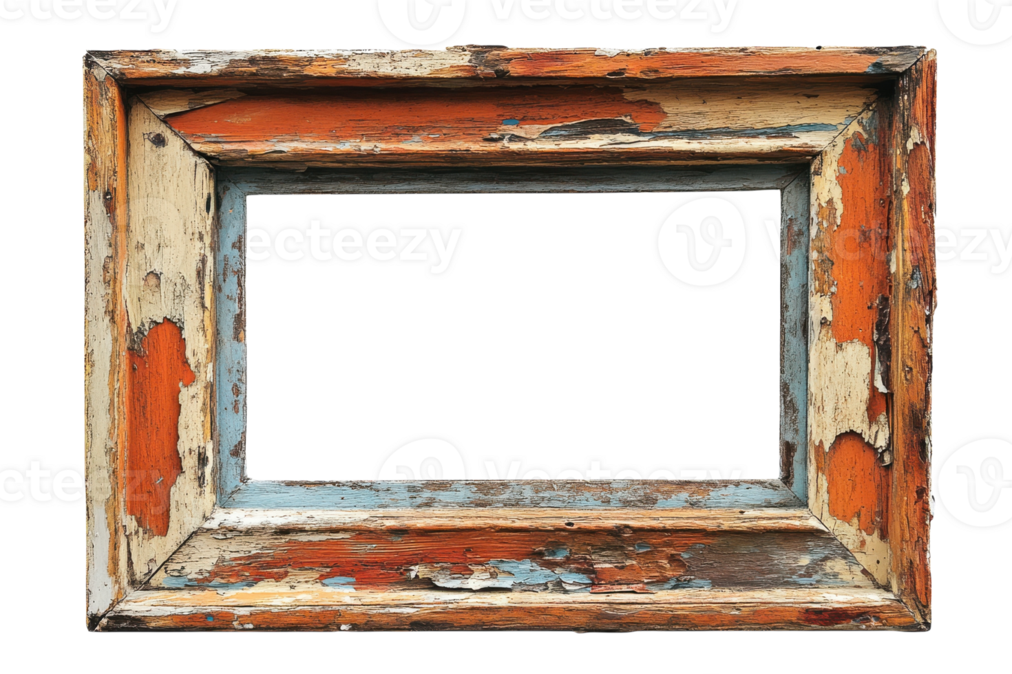 Weathered wooden frame with peeling paint in vibrant colors showcases rustic charm and character from a bygone era png