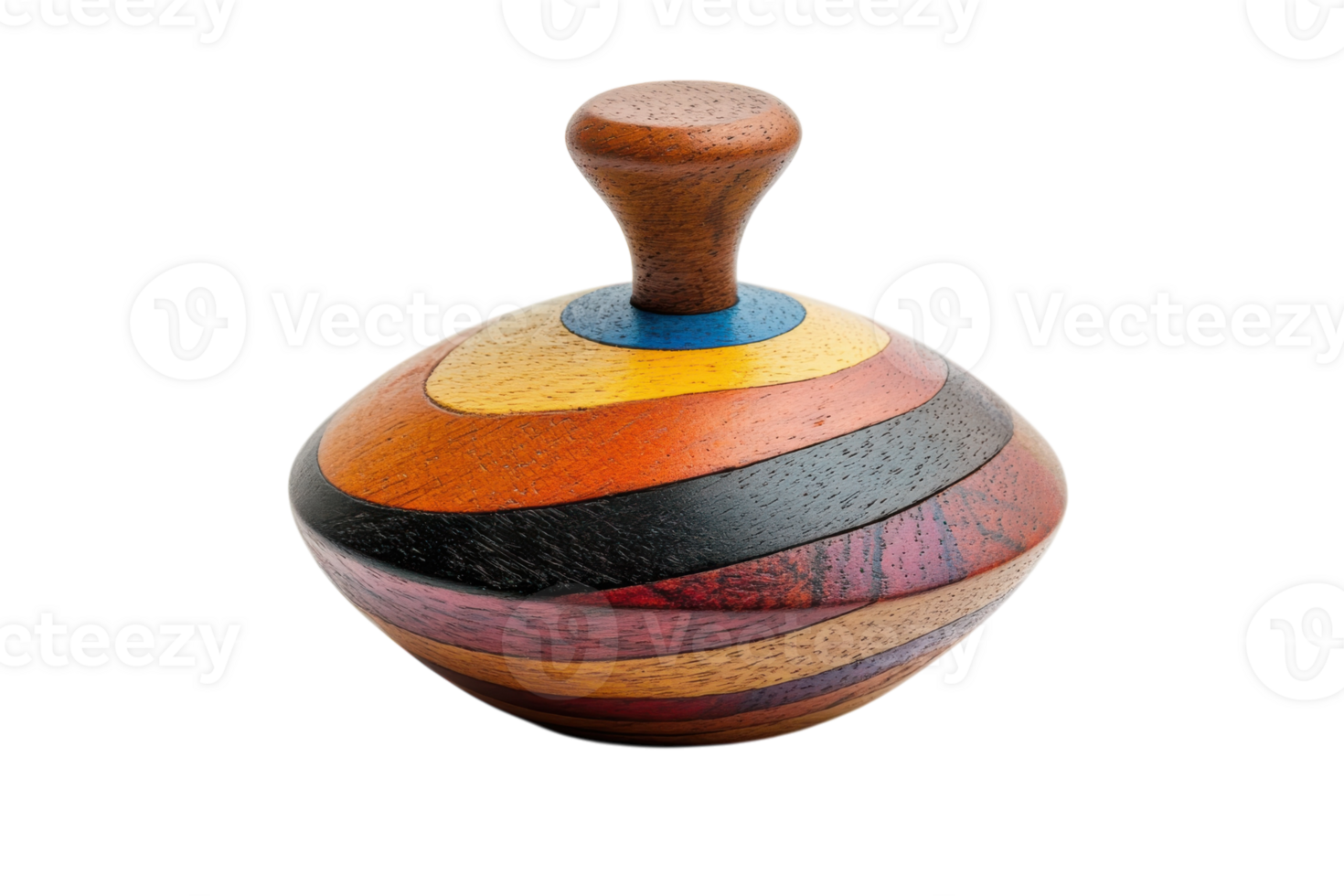 Colorful wooden spinning top crafted from various types of hardwood showcasing intricate patterns png