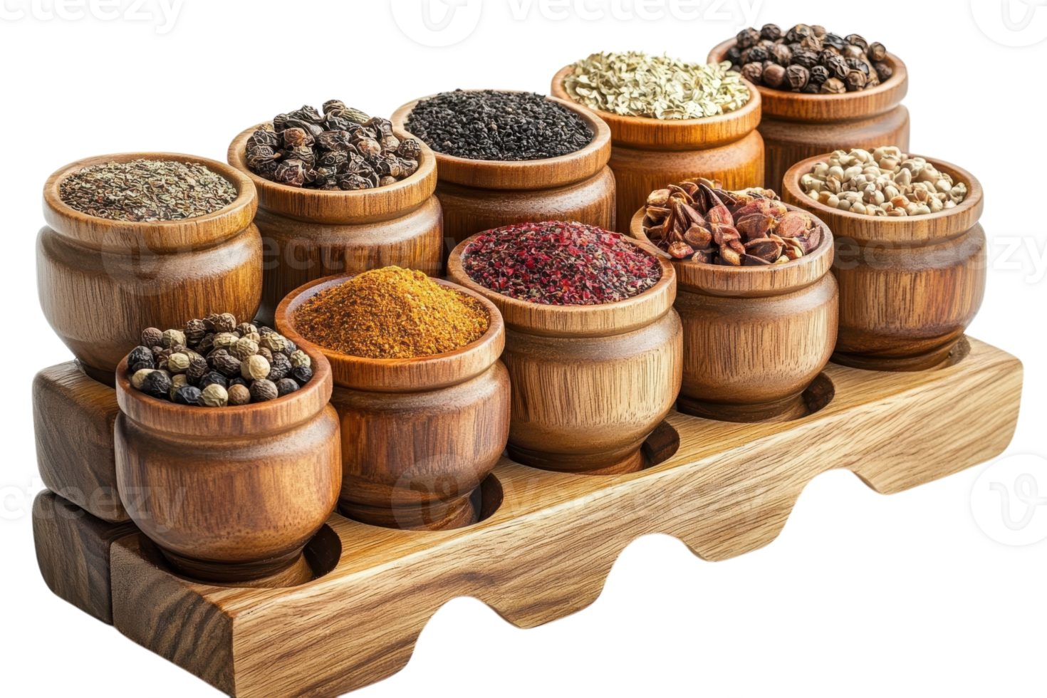 Assortment of spices in wooden containers displayed on a wooden rack with a clean white background png