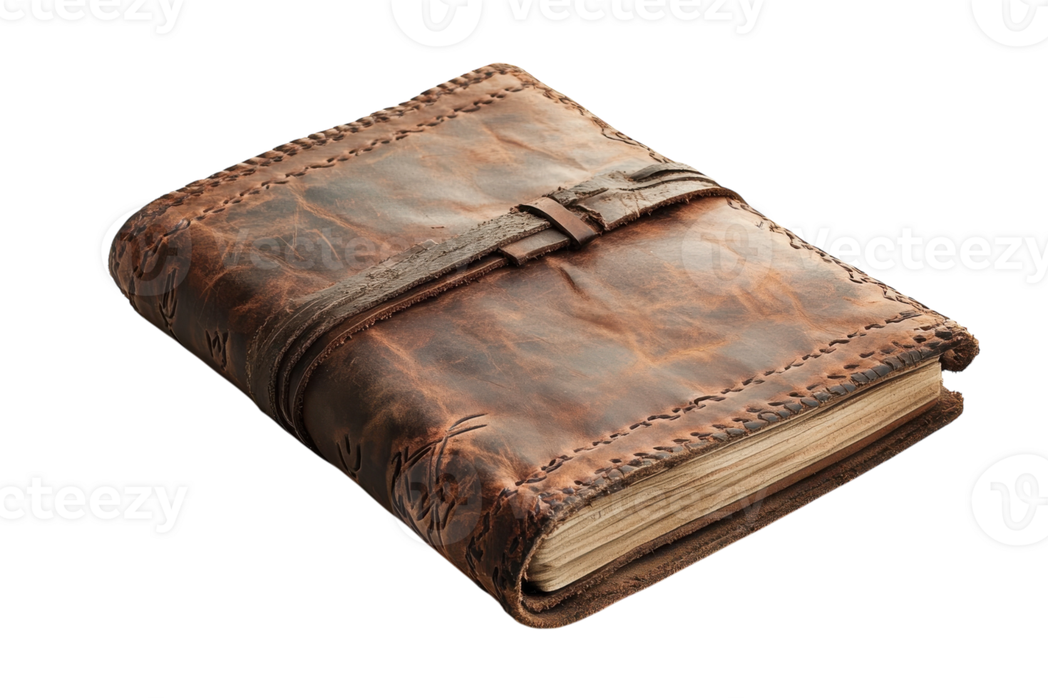 Leather-bound notebook with embossed cover on a white background showcasing craftsmanship and detail png
